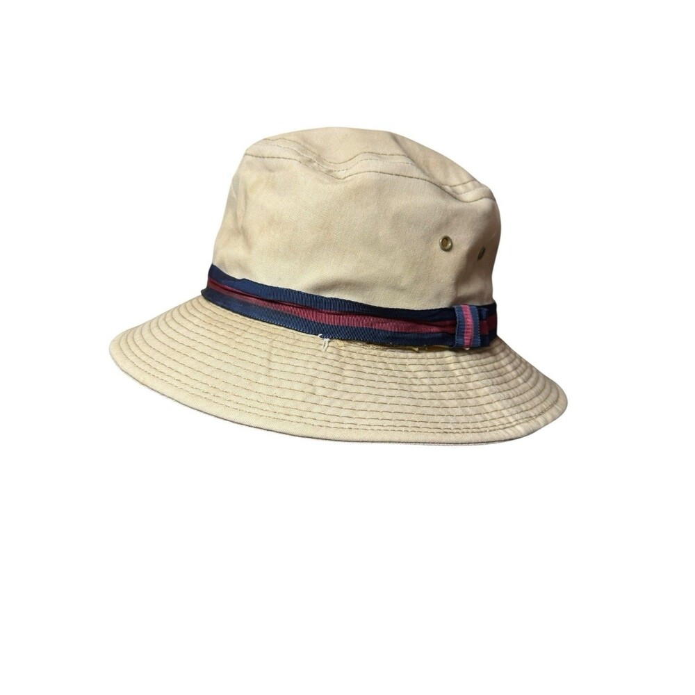Vintage Country Gentleman Tan Bucket Hat Cap Mens Blue Red Ribbon